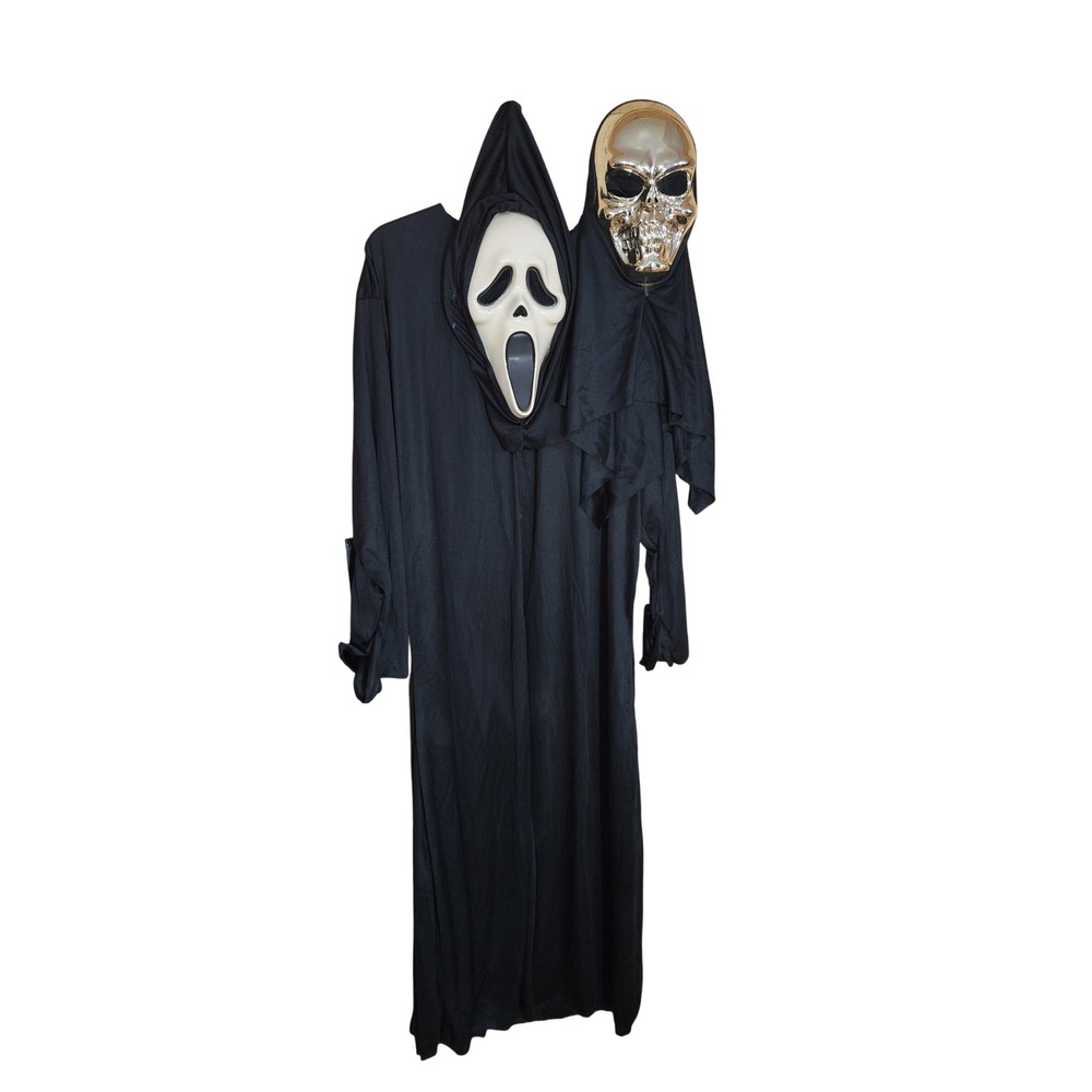 Paper Magic Group Scream Ghost Face & Gold Skull 2 mask Costume Black robe